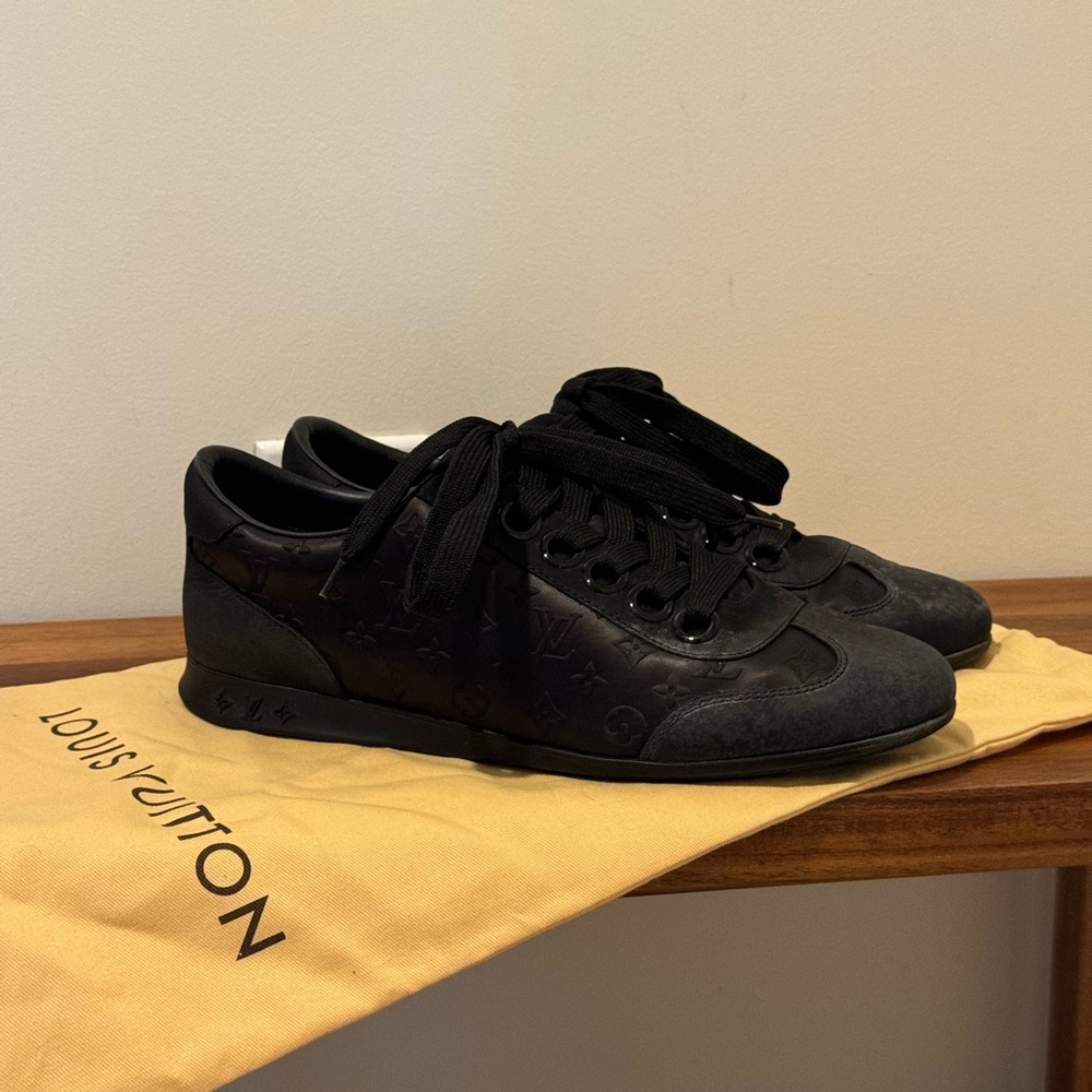 Louis Vuitton Black Monogram Satin And Leather Lace Up Sneakers Size 37